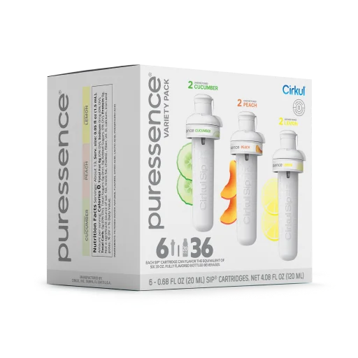 Vitamin-Infused Puressence 6-Pack Variety Pack 3T3F - Zero-Calorie Multi-Flavor Sip Pods for Water Bottle Detail